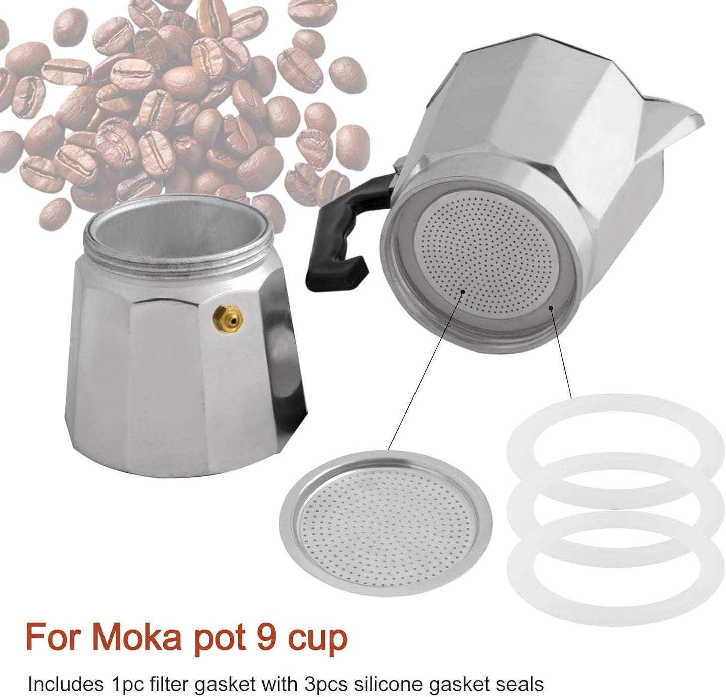 2/3/6/9/12 Cup Gasket & Filter For Stovetop Espresso Coffee Makers, Rubber Seal For Stove Top Coffee Maker Moka Pot, Silicone Gasket Seals, Espresso Machine Replacement Parts(9 cup)