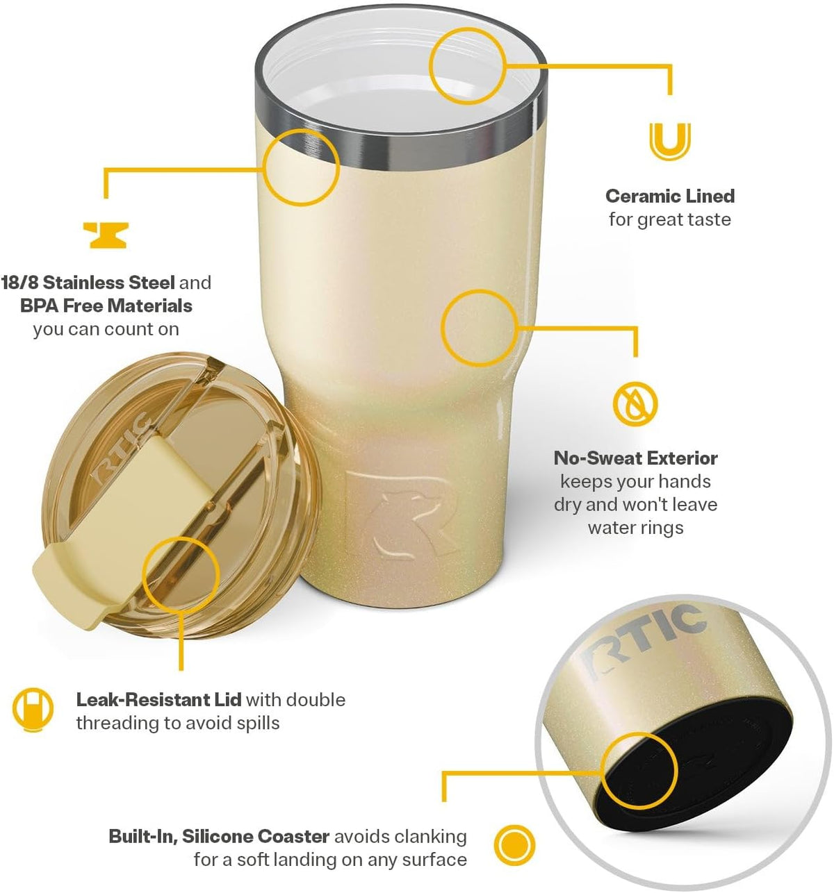 RTIC 20oz Essential Tumbler with Lid, Insulated, Stainless Steel, Metal, Double Wall Vacuum-Insulation, Ceramic Lined, Travel Cup for Iced Coffee, Tea, Hot and Cold Drink, Sunlight Glitter