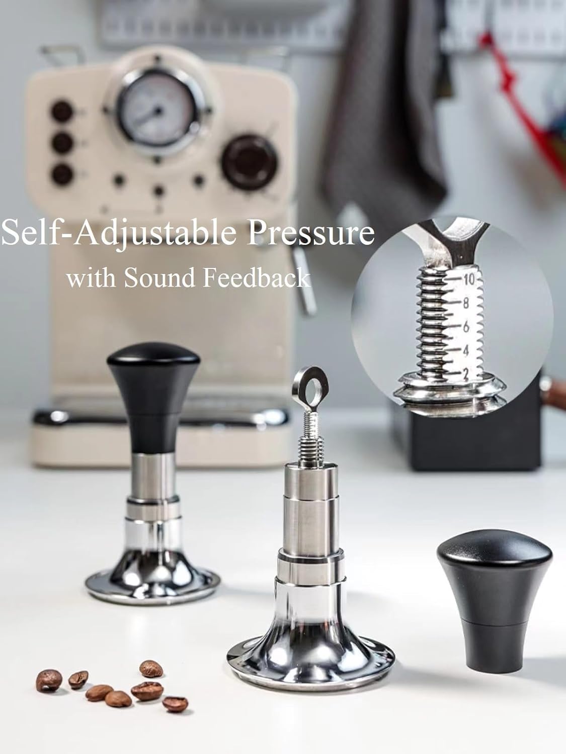 54mm Espresso Tamper with Calibrated Spring Loaded for Ninja Luxe Café/Breville -【24lb~35lbs Self-Adjustable with Sound Feedback】- Self Leveling Stainless Steel Ripple Base - Black