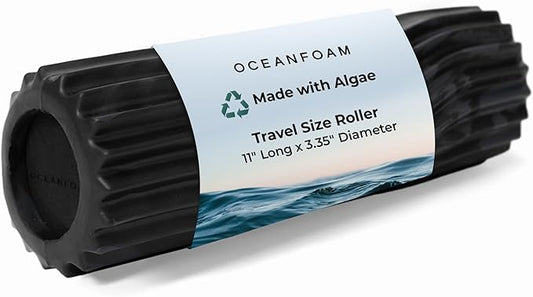 Oceanfoam Ripple Travel Foam Roller (11" x 3.35") Firm Mini Foam Roller for Physical Therapy, Deep Tissue Massage, Back Pain - High Density, Wave Textured - Yoga, Exercise (Black & Charcoal Marbled)
