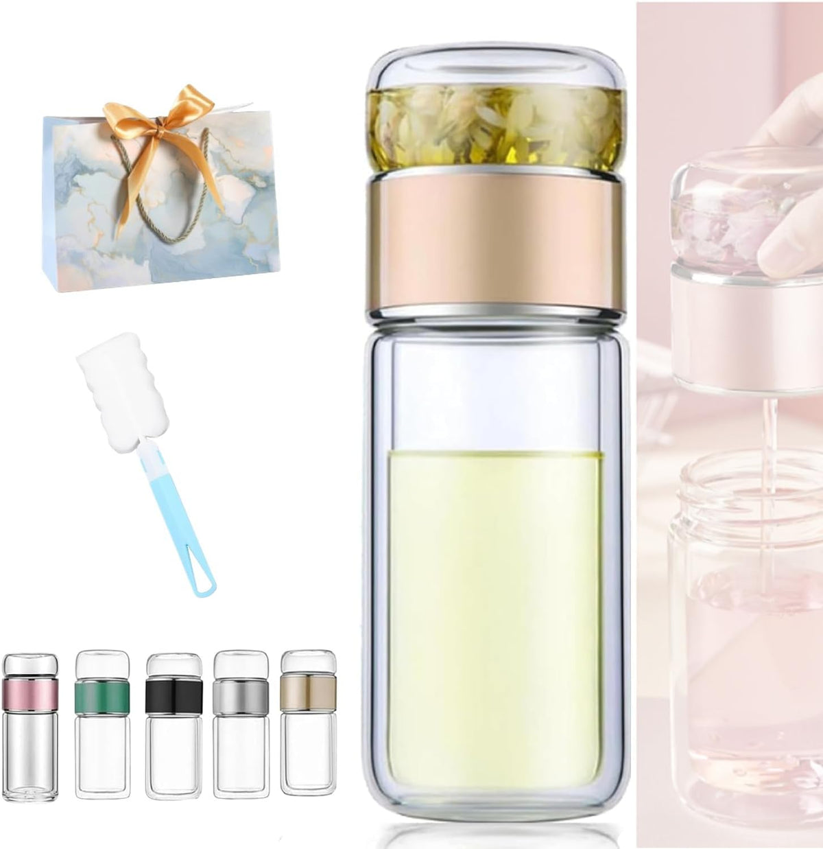 Tryteava Glass Infuser, Tryteava 3-in-1 Smart Tea Infuser, Portable Glass Double Wall Tea Infusers Bottle, with Stainless Steel Filter, Hot & Cold Brew, For Loose Leaf, Office Home (Gold, 420ml)