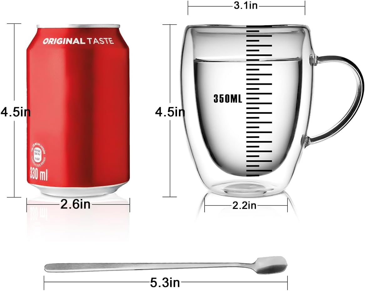 LIBWYS 4 Pack Double Walled Coffee Cups Glasses Mugs 12oz, Espresso Cappuccino Latte Tea Cups with Handle, Heat Resistant Borosilicate Clear Glasses 350ml