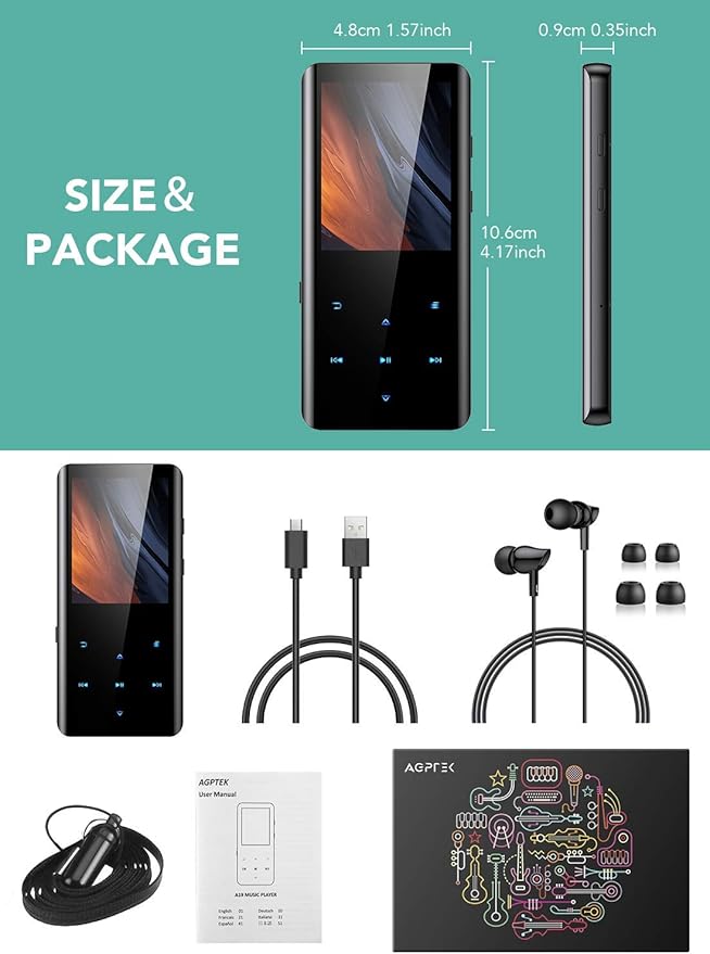 AGPTEK 32GB MP3 Player with Bluetooth 5.3, A19X 2.4" Curved Screen Portable Music Player with Speaker Lossless Sound with FM Radio, Voice Recorder, Supports up to 128GB, Black