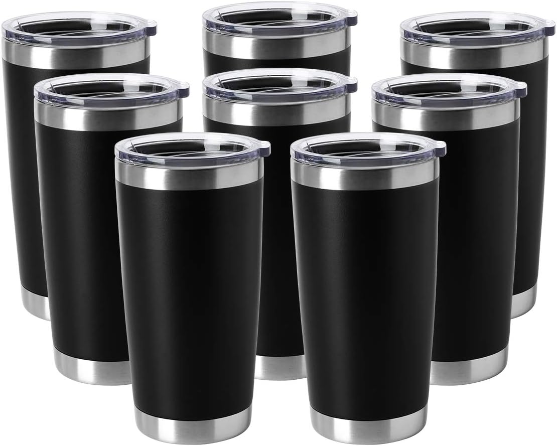 HASLE OUTFITTERS 20oz Tumblers Bulk Stainless Steel Cup with Lid Double Wall Vacuum Insulated Coffee Mug for Cold & Hot Drinks 8 Pack, Black