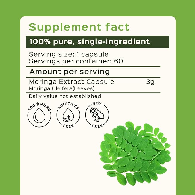 bixa BOTANICAL Moringa Leaf Extract Capsule (Moringa Oleifera) | Multi-Vitamin Green Super Food Supplement ǀ Pure Natural Nutrition Supplement- (60 Count(Pack of 1))