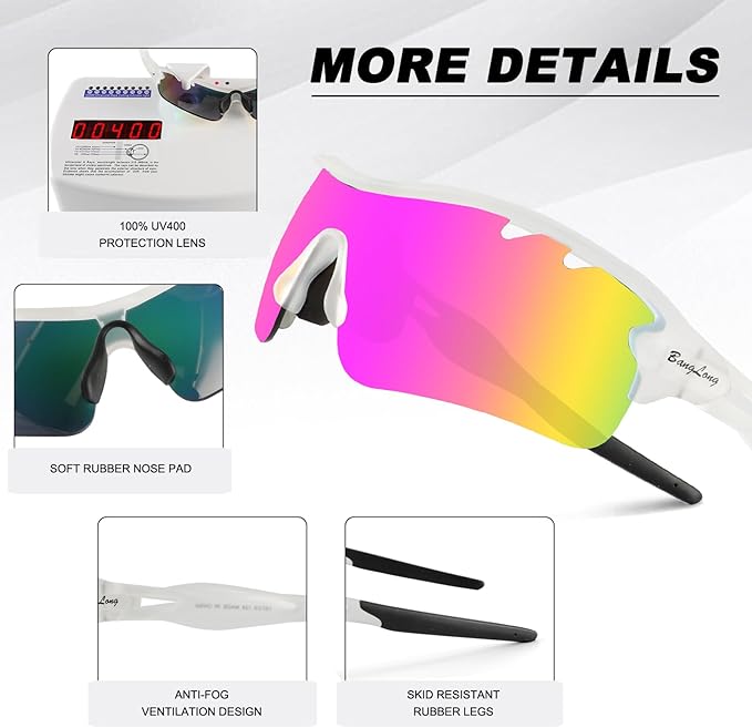 BangLong Polarized Sports Sunglasses Cycling Sun Glasses for Men Women with 5 Interchangeable Lenes for Running Baseball Golf