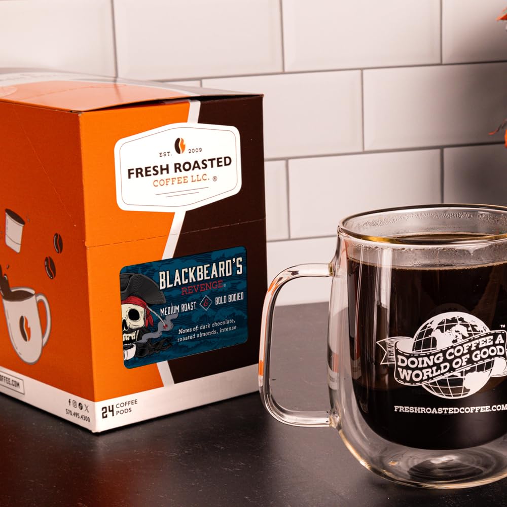 Fresh Roasted Coffee, Blackbeard's Revenge, Medium Roast, 72 Pods for K Cup Brewers