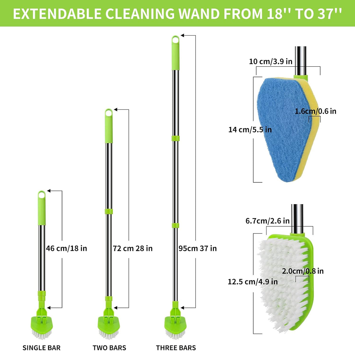 Scrub Cleaning Brush with Long Handle 35'' - Extendable Floor Scrubber with 1 Stiff Bristles & 3 Sponge Brush, Adjustable Lightweigh Detachable Kitchen Brush for Baseboard Shower Bathroom Bathtub Tile