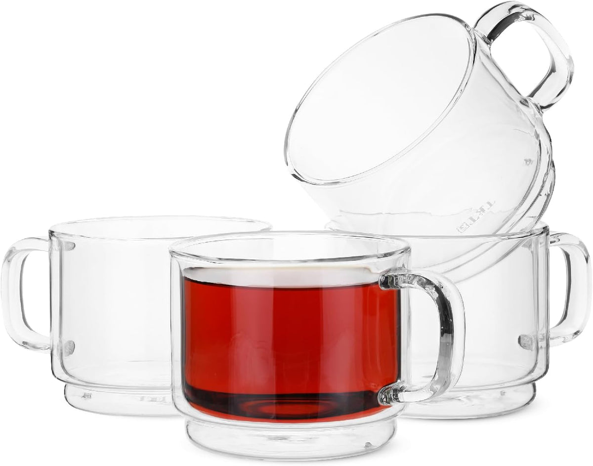 BTaT- Stackable Insulated Coffee Mug, Coffee Glass, Large, Set of 4 (16oz, 500ml), Double Wall Glass Coffee Cups, Tea Cups, Latte Cups, Glass Coffee Mug, Latte Mug, Clear Mug