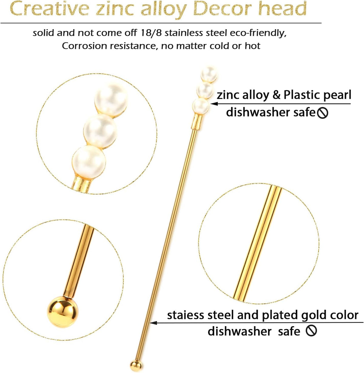 Exquisite Gold Pearl Stainless Steel Coffee Beverage Stirrers Stir Cocktail Drink Swizzle Stick for Wendding Party Value Pack, Hostess Gifts Set of 4, 7.5 Inches Long