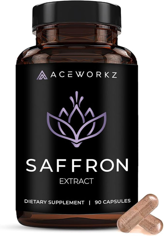 ACEWORKZ Saffron Supplement - 100% Pure Saffron Extract Capsules - Support Weight Management, Craving Control & Eye Health - for Women & Men (90 Capsules)