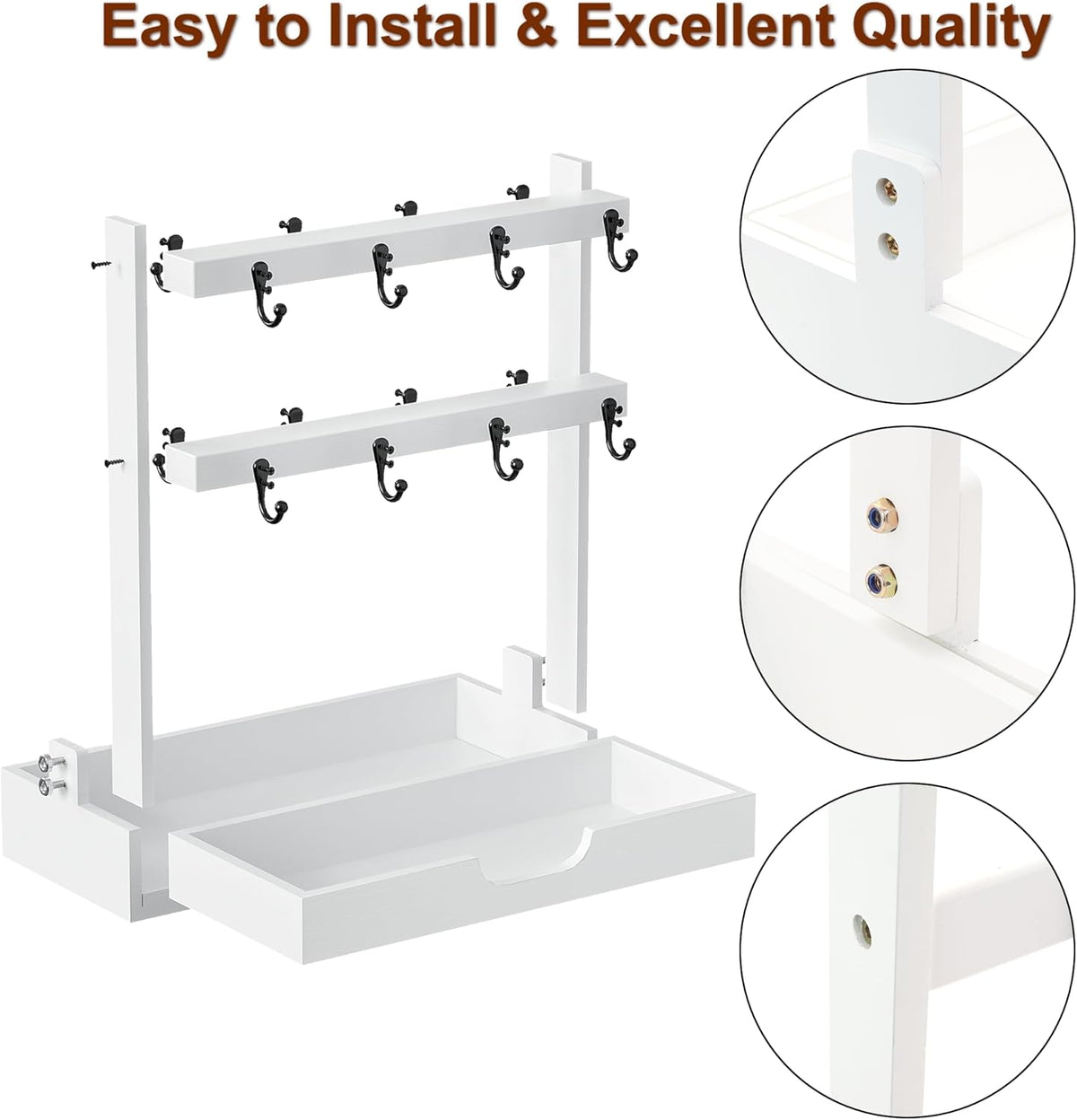 MinBoo Coffee Mug Cup Stand Bamboo Counter Top with 16 Hooks 2 Tier Coffee Mugs Tree with Coffee Pod Drawer Countertop Mug Rack Shelf Organizer Stand for Home Coffee Bar Kitchen Storage Display White