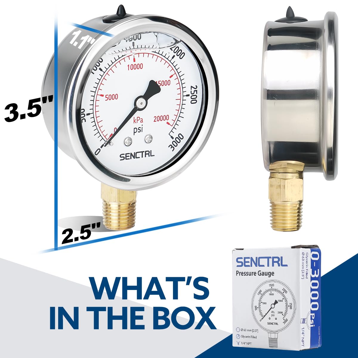SENCTRL 3000 Psi Glycerin Liquid Filled Hydraulic Pressure Gauge, 2.5" Dial Size, 1/4" NPT Lower Mount, Stainless Steel Case, for Air Gas Water Oil Pressure Test