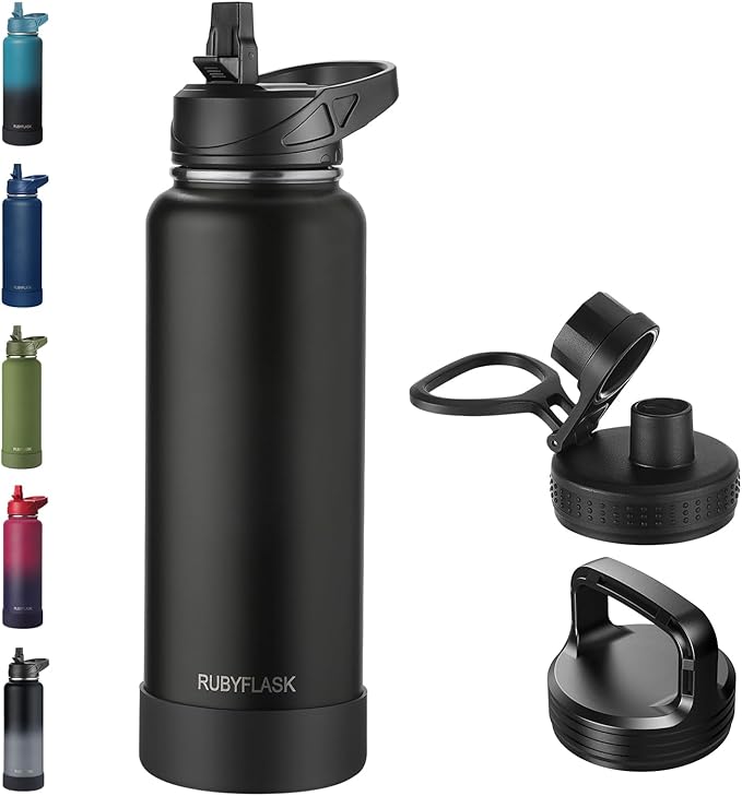 40oz Insulated Water Bottle with Straw, Stainless Steel Metal Vacuum Water Flask, Large Thermal Water bottle with Leakproof 3 Lids for Travel, Camping, Gym Sports Black