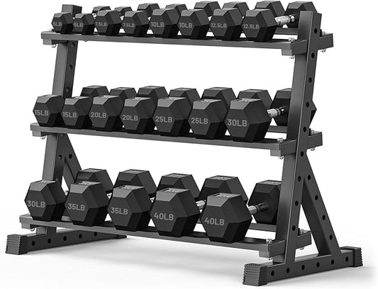 PAPABABE Hex Dumbbell Set with Rack, Rubber Encased Free Weight with Weight Storage Racks, Multiple Weight Options for Home Gym and Fitness