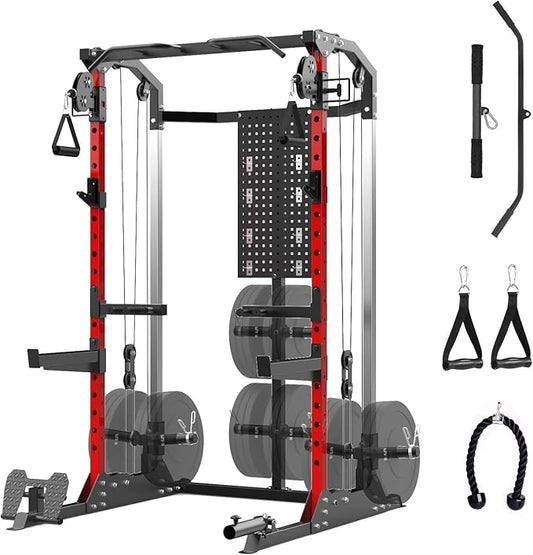 Power Cage, Squat Rack with Cable Crossover and Dual Independent Pulley System, 2000LB Capacity Workout Cage with More Training Attachments, Power Rack for Home Gym