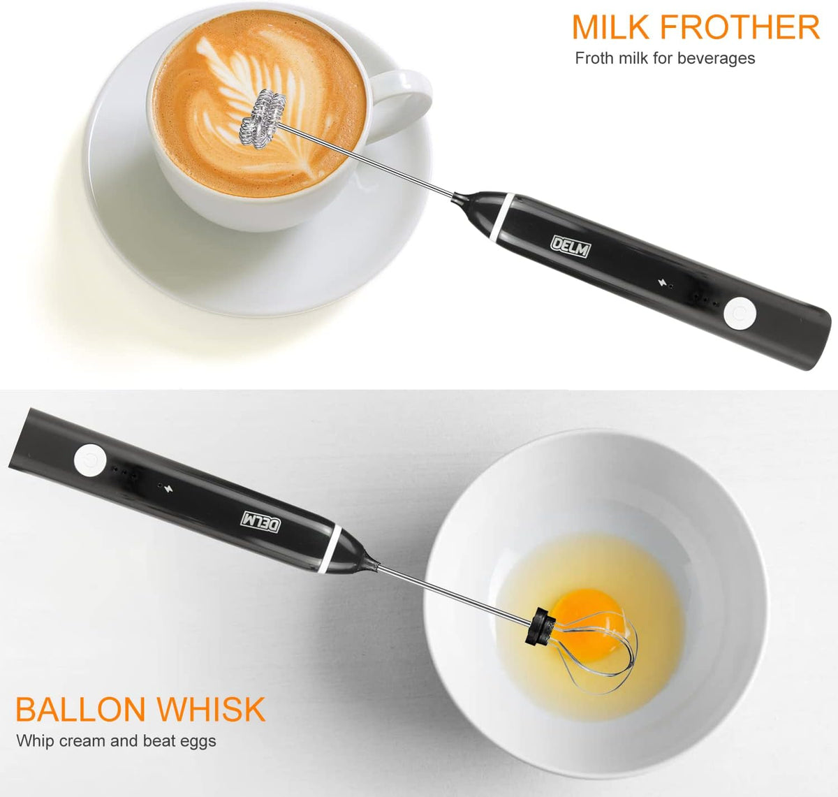 Delm Milk Frother Electric USB Stainless Steel Accessory - Frother Wand Foam Maker for Lattes - Milk Frother Handheld for Cappuccino, Frappe, Matcha, Hot Chocolate - Frother for Coffee (black)