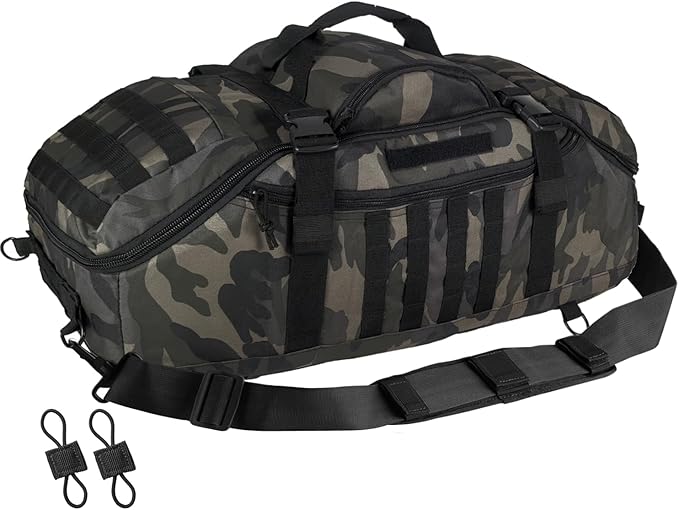 65L Large Duffle Bag, 3-in-1 Tactical Backpack MOLLE Pack for Sports, Gym, Outdoor, Black Camo