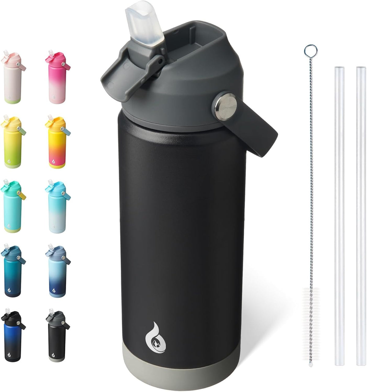 BJPKPK Insulated Water Bottle with Straw Lid, 18oz Thermos Water Bottles with Soft Nozzle, Flex Handle & Non-slip Boot, BPA Free Leak Proof Stainless Steel Metal Thermos, Tumblers, Cups,Black