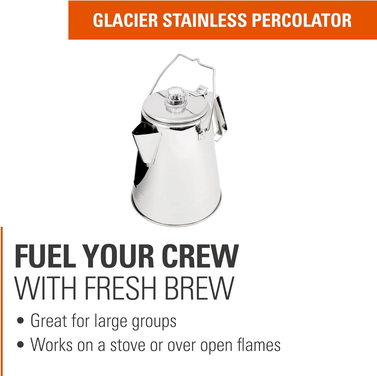 GSI Outdoors Percolator Coffee Pot I Glacier Stainless Steel Ultra-Rugged for Brewing Coffee Over Stove and Fire Ideal for Group Camping, 36 Cup
