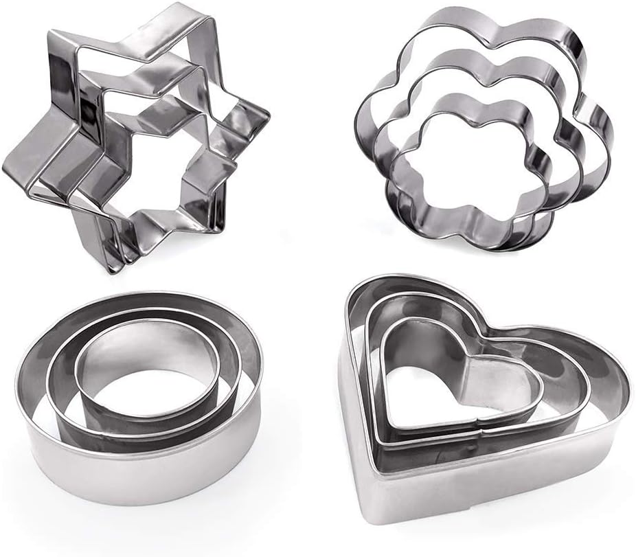 MCIGICM Cookie Cutters Shapes Baking Set, 12PCS Flower Round Heart Star Shape Biscuit Stainless Steel Metal Molds Cutters for Kitchen Baking Halloween Christmas