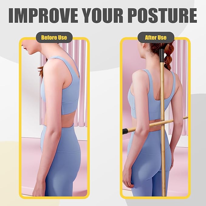 Bamboo Stretch Yoga Stick, 5ft/149 cm, Flexibility Stick for Physical Therapy, Premium Yoga Dowel with Super Sturdy Rubber Handle Ends, Exercise Bar for Posture Corrector