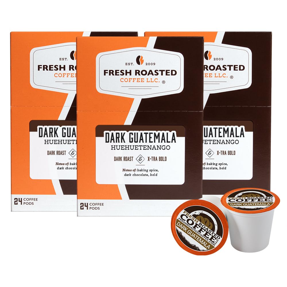 Fresh Roasted Coffee, Dark Guatemala Huehuetenango, Dark Roast, 72 Pods for K Cup Brewers