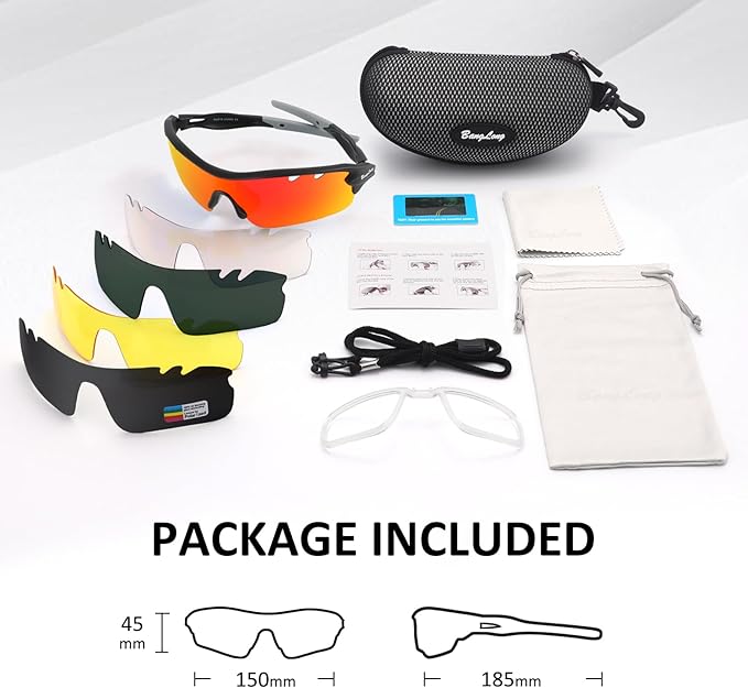 BangLong Polarized Sports Sunglasses Cycling Sun Glasses for Men Women with 5 Interchangeable Lenes for Running Baseball Golf