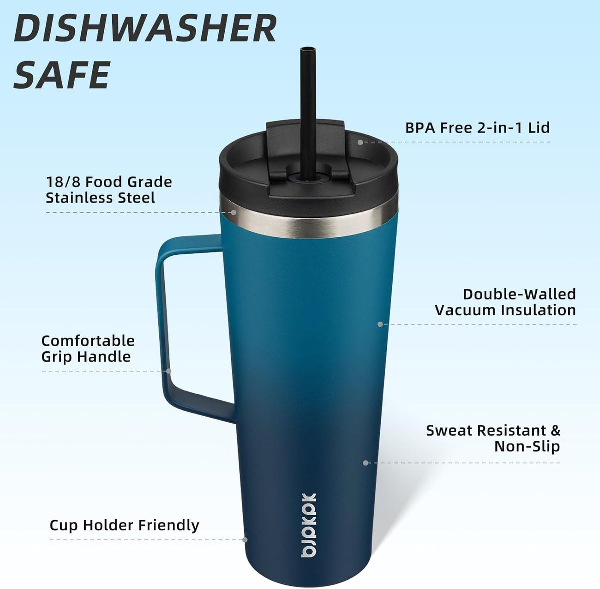 BJPKPK Insulated Tumbler with Handle, 26oz Insulated Tumblers with Lid and Straw, Stainless Steel Metal Water Bottles, Coffee Travel Mugs, Cups, Sea