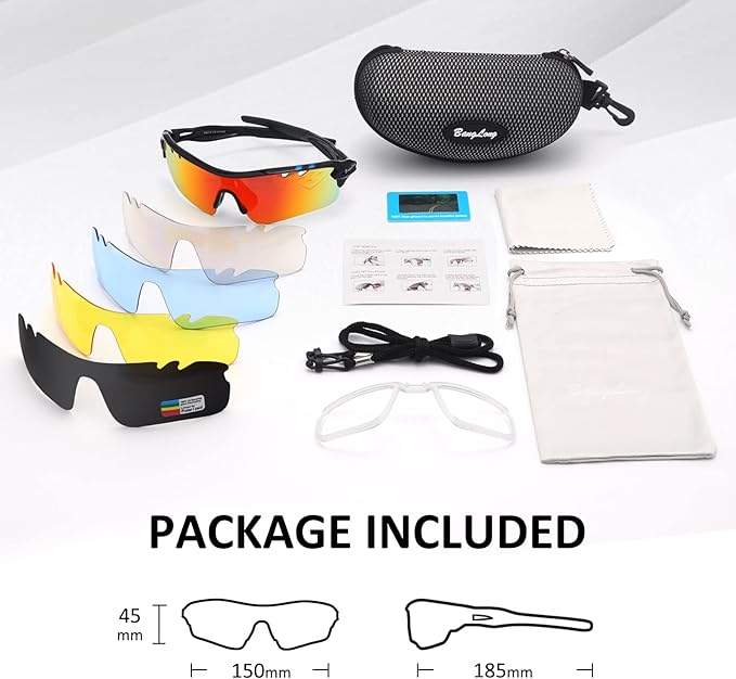BangLong Polarized Sports Sunglasses Cycling Sun Glasses for Men Women with 5 Interchangeable Lenes for Running Baseball Golf