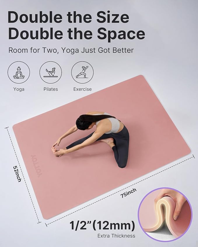 YOTTOY Large Yoga Mat (75 * 52 * 1/2inch),Extra Wide TPE Exercise Mat,Non-Slip Workout Mat for Pilates, Fitness, Barefoot, Home Gym Studio with Strap and Towel