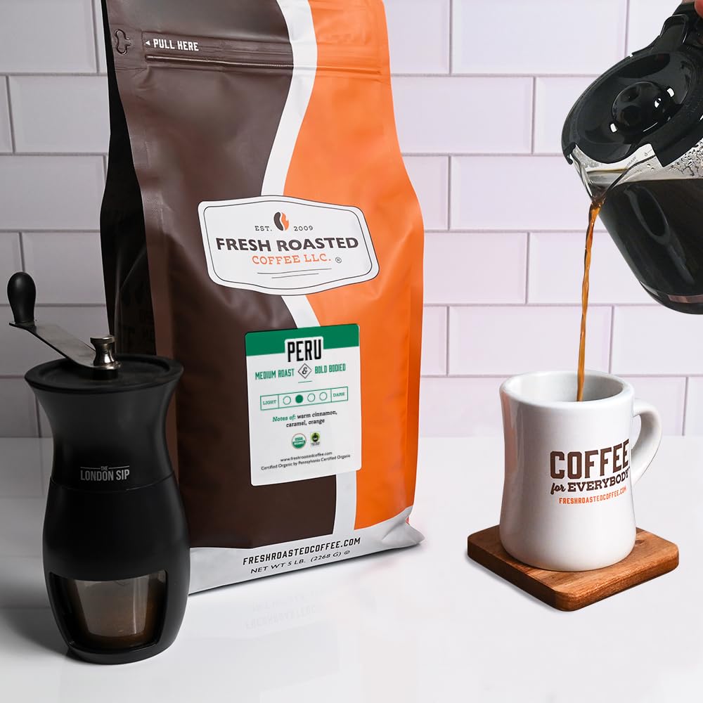 Fresh Roasted Coffee, Organic Peru | Mold & Myco 3rd Party Tested, USDA Organic, Kosher | Med Roast 5 lb (80 oz) Whole Bean