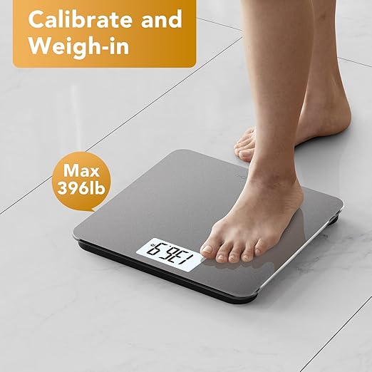 Bathroom Scale for Body Weight Digital Weighing Machine with Backlit LCD Display, Most Accurate Bath Scale for People, High Precision, Grey,Tempered Glass Batteries Included, 396lb/180kg