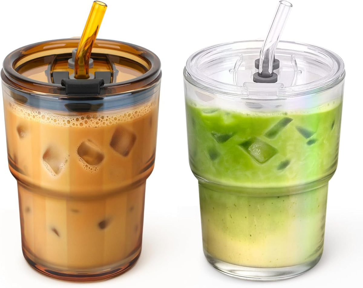 13 oz Glass Tumbler with Glass Straw and Lid, Leak-Proof Reusable Travel Cup for Iced Coffee, Tea, Matcha, Fruit Juice – Thick Wall Clear Water Bottle (Amber & Iridescent Shimmer, 2 Pack)