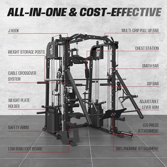 Commercial SmithMachine with Smith Bar, Home Gym Station with Dual Weight Stacks, 4000LBS Power Cage Squat Rack with Lever Arm, Leg Press, LAT Pull Down, Cable Crossover Machine for Full Body Training