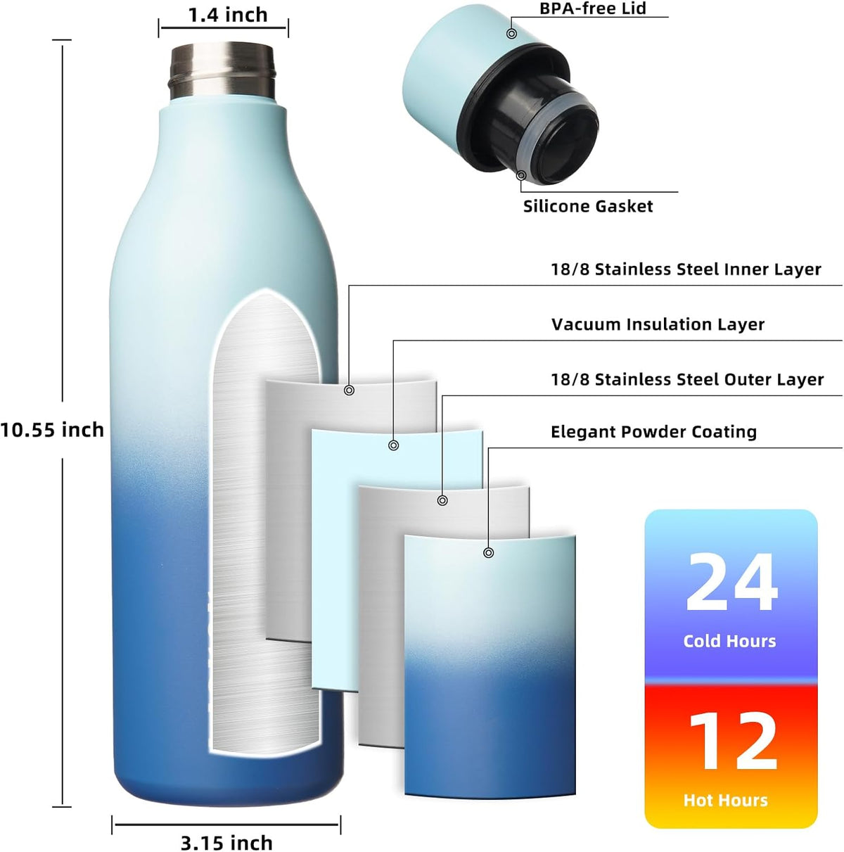 BJPKPK Insulated Water Bottles, 25 oz Stainless Steel Metal Water Bottle with Strap, BPA Free Leak Proof Thermos, Mugs, Flasks, Reusable Water Bottle for Sports & Travel, Sky