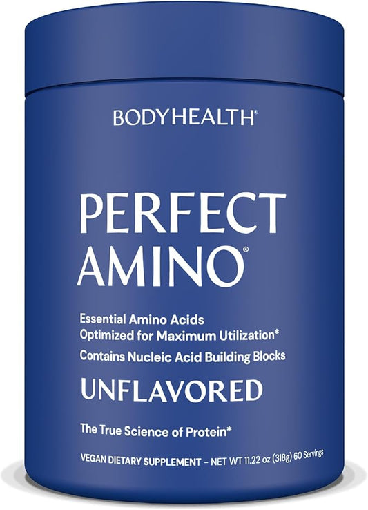 BodyHealth PerfectAmino Powder - BCAA and EAA Powder for Pre and Post Workout - Amino Acid Energy Drink for Men and Women to Support Lean Muscle and Recovery - Unflavored - 60 Servings