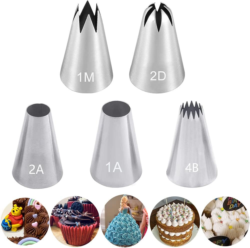 Large Piping Tips Set for Cake Cupcake Decorating,Stainless Steel Icing Piping Nozzles,5 Decorating Tips Pastry Tips Frosting Tips for Cream Rose Flower Meringue Cookie Decoration,#1A 1M 2A 2D 4B
