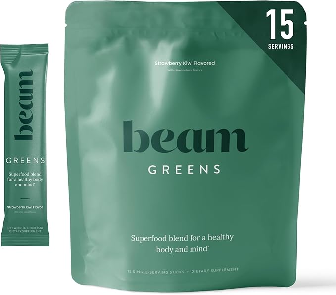 Beam Greens Powder, Superfood Supplement for Gut Health, Vegan Organic Blend with Ashwagandha, Vitamin C, B12, B6, D, Non-GMO Daily Detox & Immune Support, Strawberry Kiwi Flavor, 15 Servings