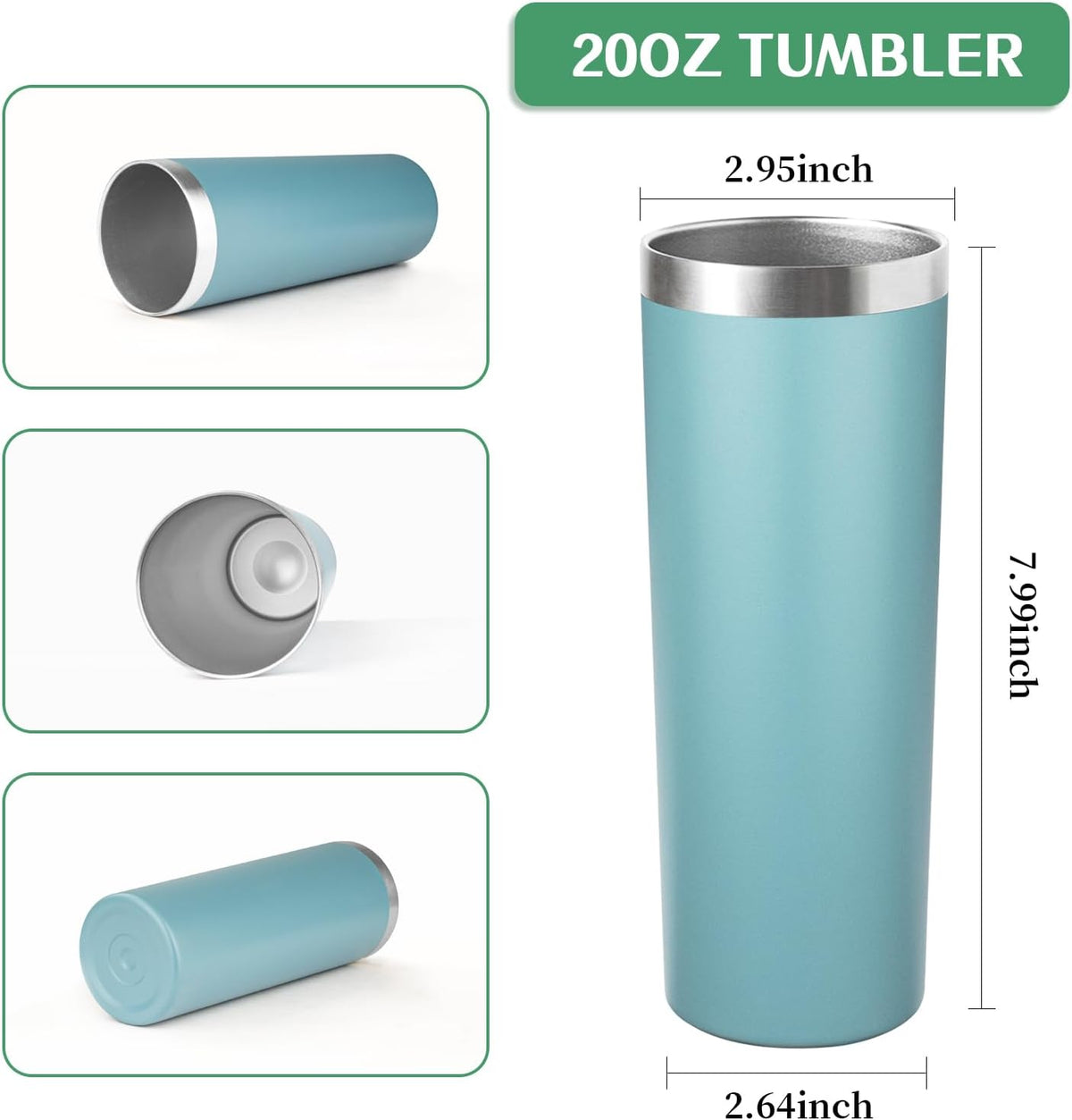 20 oz Skinny Tumbler with Lid and Straw,Stainless Steel Vacuum Insulated Tumbler Cup Double Wall Leak-proof Coffee Mug,Travel Thermal Water Tumbler for Home,Office,Outdoor (Glacier blue,1)