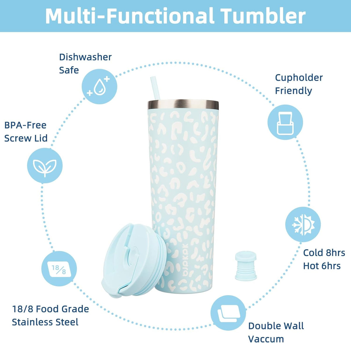 BJPKPK 30oz Tumbler With lid And Straw Stainless Steel Travel Coffee Mug Insulated Tumblers Cups,Light Blue Leopard