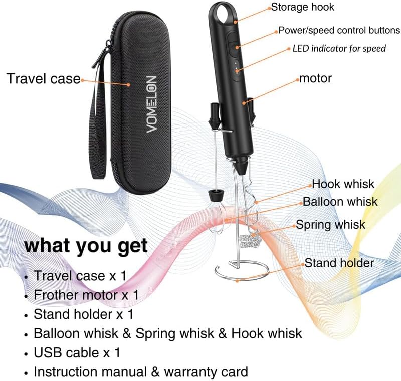 Rechargeable Milk Frother Handheld 3 Speed Coffee Foamer [3 Whisk] Electric Drink Mixer for Latte, Cappuccino, Coffee, Eggs, Hot Chocolate, Protein Black