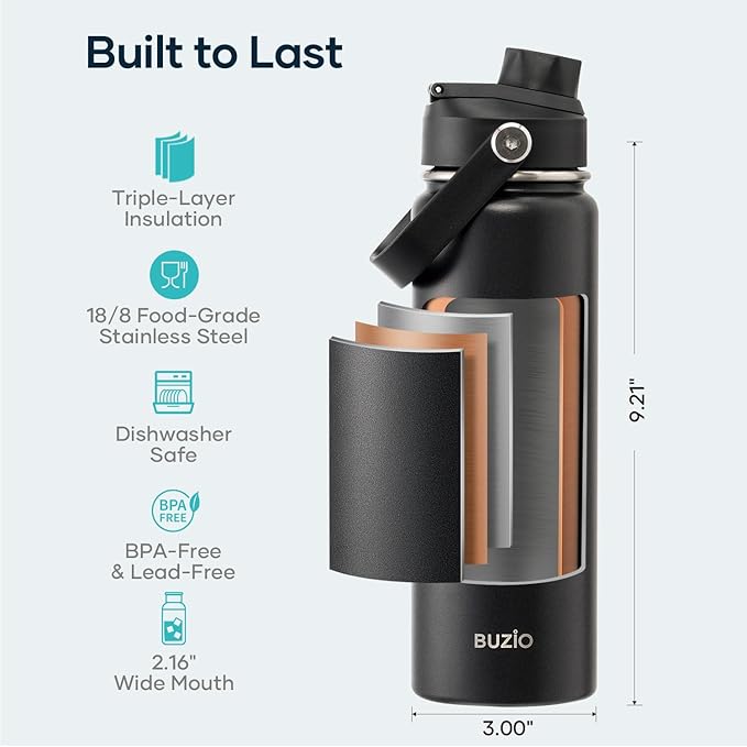 BUZIO 24 oz Insulated Water Bottle, Stainless Steel Wide Mouth Water Flask with Straw Lid, Cold for 48 Hrs Leak Proof Metal Hydro Thermo Canteen Mug, Black