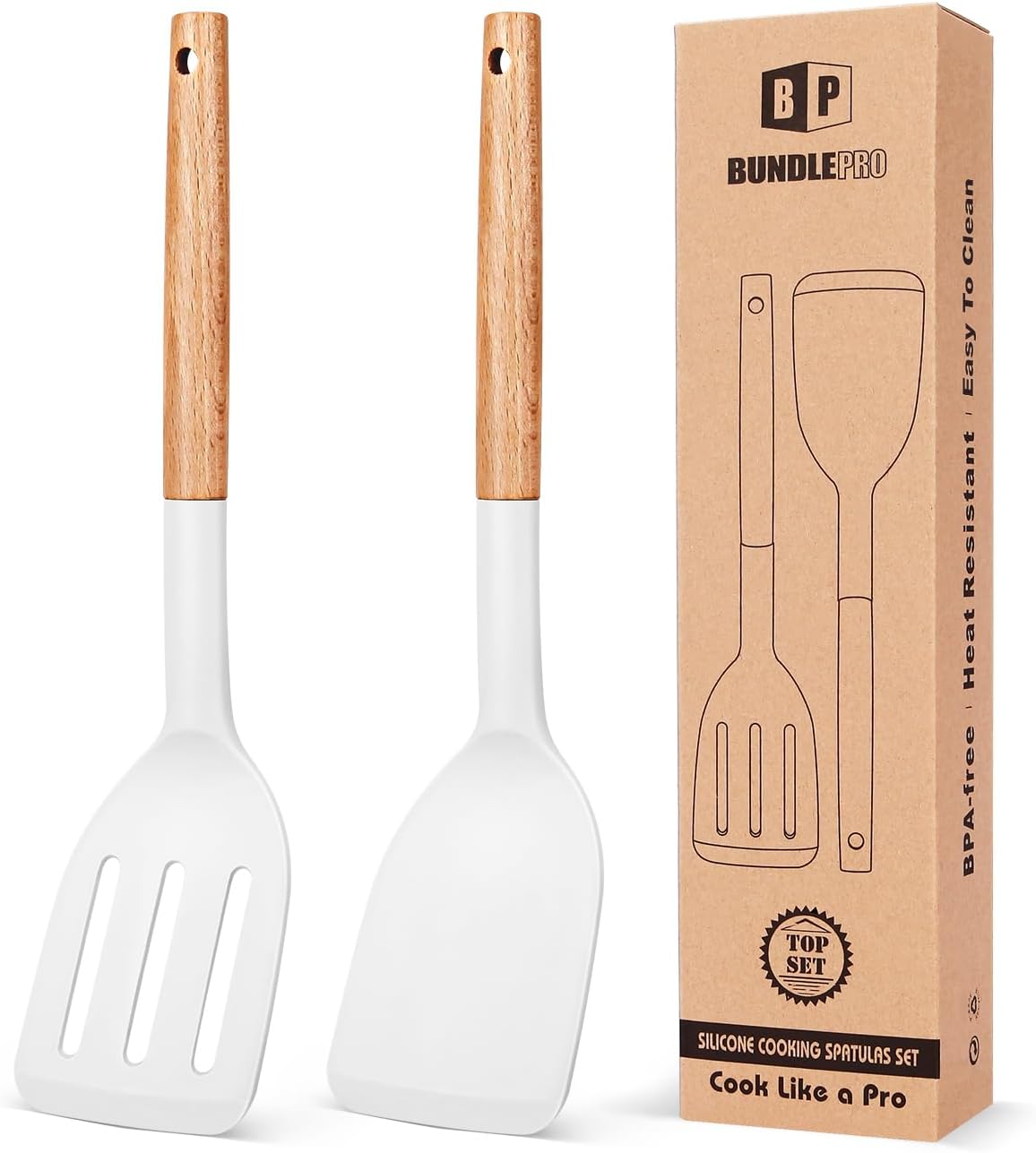 Pack of 2 Silicone Cooking Spatula, Heat Resistant Solid Turner, Non Stick Slotted Spatulas with Wooden Handle,Ideal Wood Kitchen Utensils Set for Frying, Baking, Flipping, Turning (WHITE)
