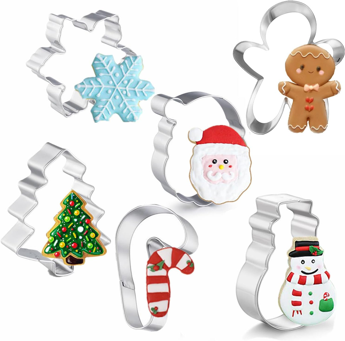 Large Christmas Cookie Cutters, 4" Holiday Cookie Cutters Shape with Recipe Instruction Gingerbread Men,Christmas Tree,Snowflake, Candy Cane,Santa Face and Snow Man for Baking