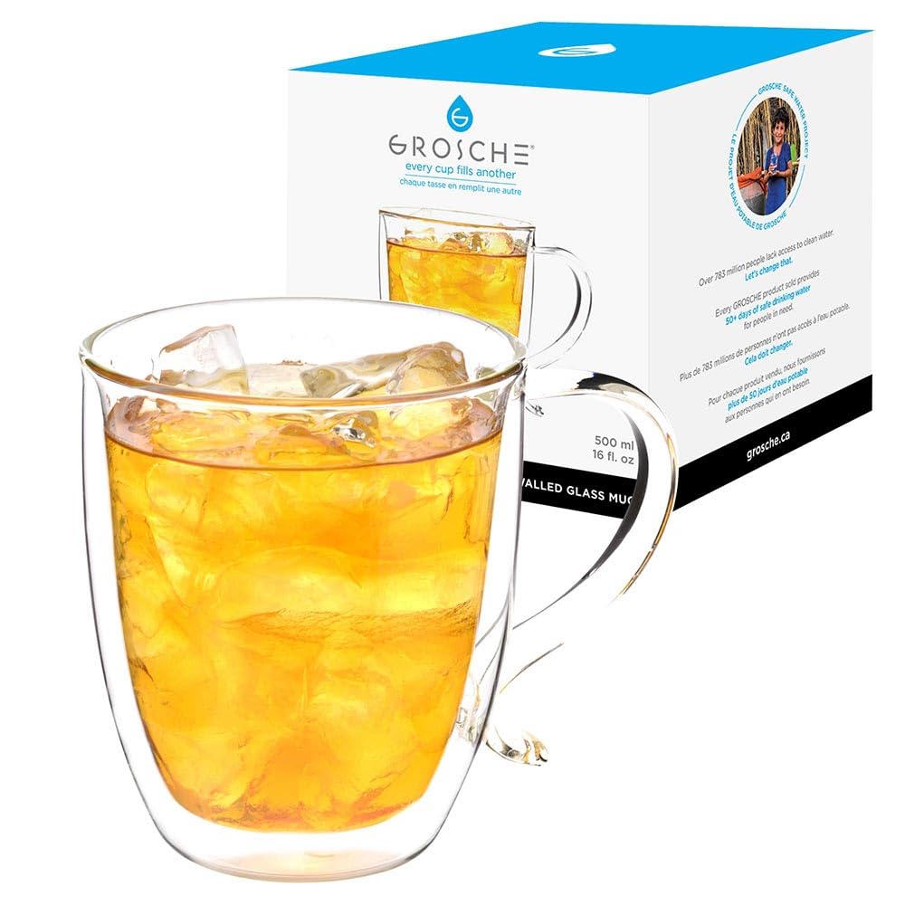 GROSCHE Cyprus 16 fl. oz Double-Wall Glass Mug Set | Espresso, Latte, Tea & More | Hot & Cold Beverages | Stylish & Aesthetic | Dishwasher Safe | Heatproof | Drinking Glassware