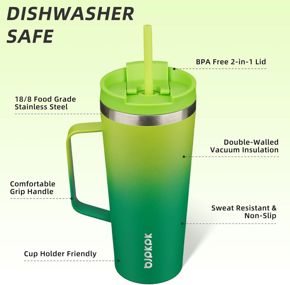 BJPKPK Insulated Tumbler with Handle, 22oz Insulated Tumblers with Lid and Straw, Stainless Steel Metal Water Bottles, Coffee Travel Mugs, Cups, Bamboo Grove