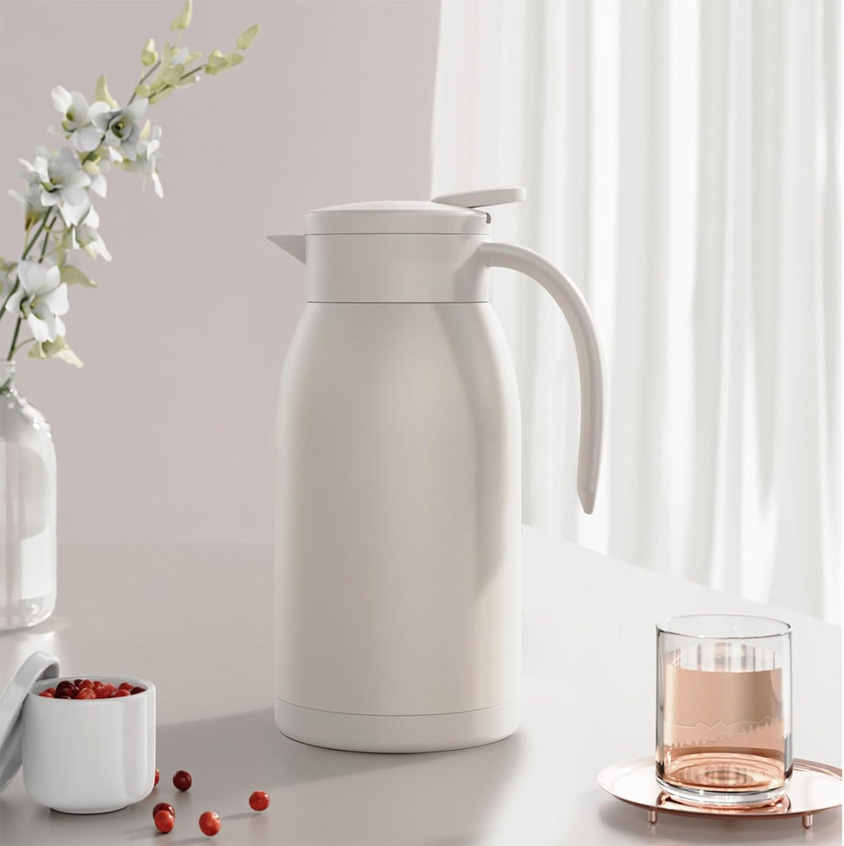 41 Oz Thermal Coffee Carafe Stainless Steel Insulated Thermos Double Wall Vacuum Flask Leak-Proof Thermos for Travel Office School Party Camping Use-Milk rice white