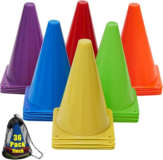 7" Soccer Cones for Training, 36 Pack Sports Agility Field Plastic Small Cones for Kids Skating Basketball Football Practice Drills, 6 Colors