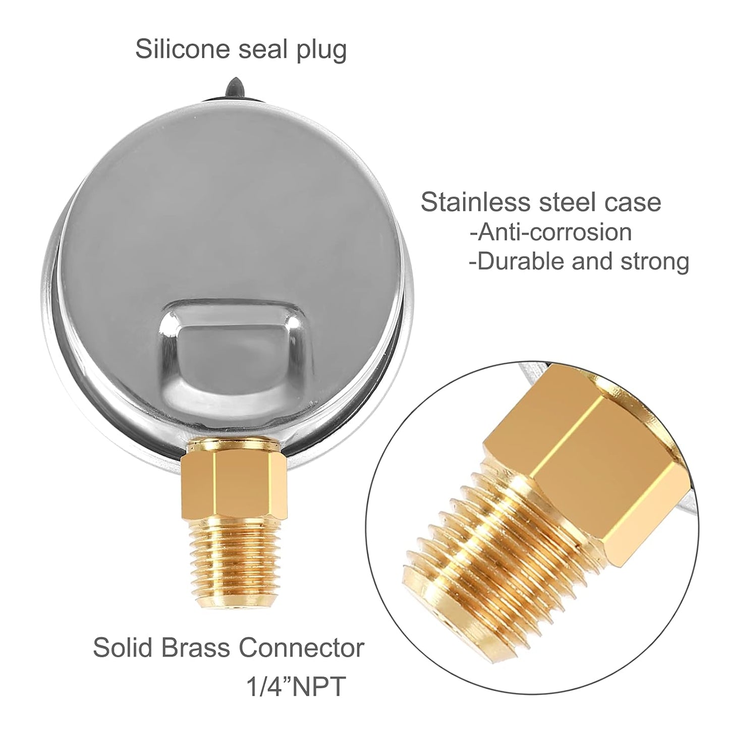 Glycerin Filled Pressure Gauge 100psi/7bar, Stainless Steel case, Brass Inside Construction, 2-1/2" dial, 1/4" NPT Rear Connection.